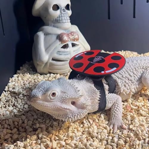 FORZENA Bearded Dragon Harness Leash Soft Leather Harness with Ladybug Patch Adjustable Strap Outside Walk Training Leash for Reptile Lizard Amphibians (Red)