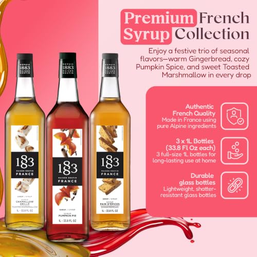 Image of 1883 Gingerbread, Pumpkin Spice, Toasted Marshmallow Syrups with Pumps (Winter Holiday Flavors) for Drinks - 1 Liter Glass Bottles (Pack of 3)