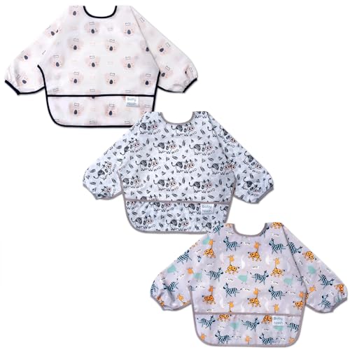 Image of 3 Pcs Long Sleeved Bib Set | Baby Waterproof Bibs with Pocket Bundle| Toddler Bib with Sleeves and Crumb Catcher |Stain and Odor Resistance Play Smock Apron - Pack of 3 | 6-24 Months