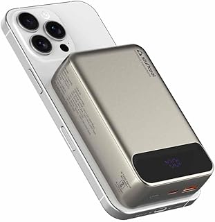 Stuffcool Click 20000mAh Magnetic Wireless Powerbank Natural Titanium Finish Perfect for iPhone 16,15,14,13,12 with Led Display and 20W Fast Wired Charging - Charges iPhone 50% in 30 mins