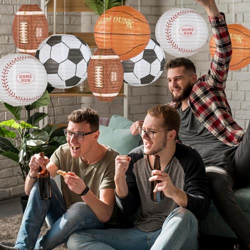 Image of UNIQOOO 8Pcs Sports Paper Lanterns Football Party Decoration Set, Large 12 Inch, Soccer Ball American Football, Baseball Basketball Japanese Hanging Lanterns, Reusable Game Day Kids Birthday Favors