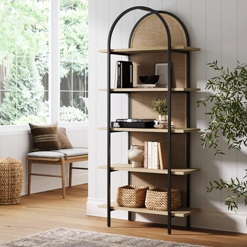 Nathan James Amara Bohemian 5-Shelf Etagere Bookcase Rattan Open Bookshelf with Arch Top Light Oak/Matte Black