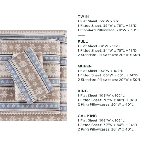 Image of Woolrich Cotton Sheet Set Cottage Charms Print, 100% Cotton Flannel Sheets Warm & Fuzzy Bedding Set Cal King Size Sheets, Fitted Pocket Fits Up to 14 inch Mattress, Cal King Blue Snowflake, 4 Piece
