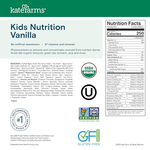 Image of KATE FARMS Kids Nutrition Shake, Vanilla, 8g Protein, 6 Pack | Organic kids nutrition shake with 8g protein plus 27 vitamins and minerals.