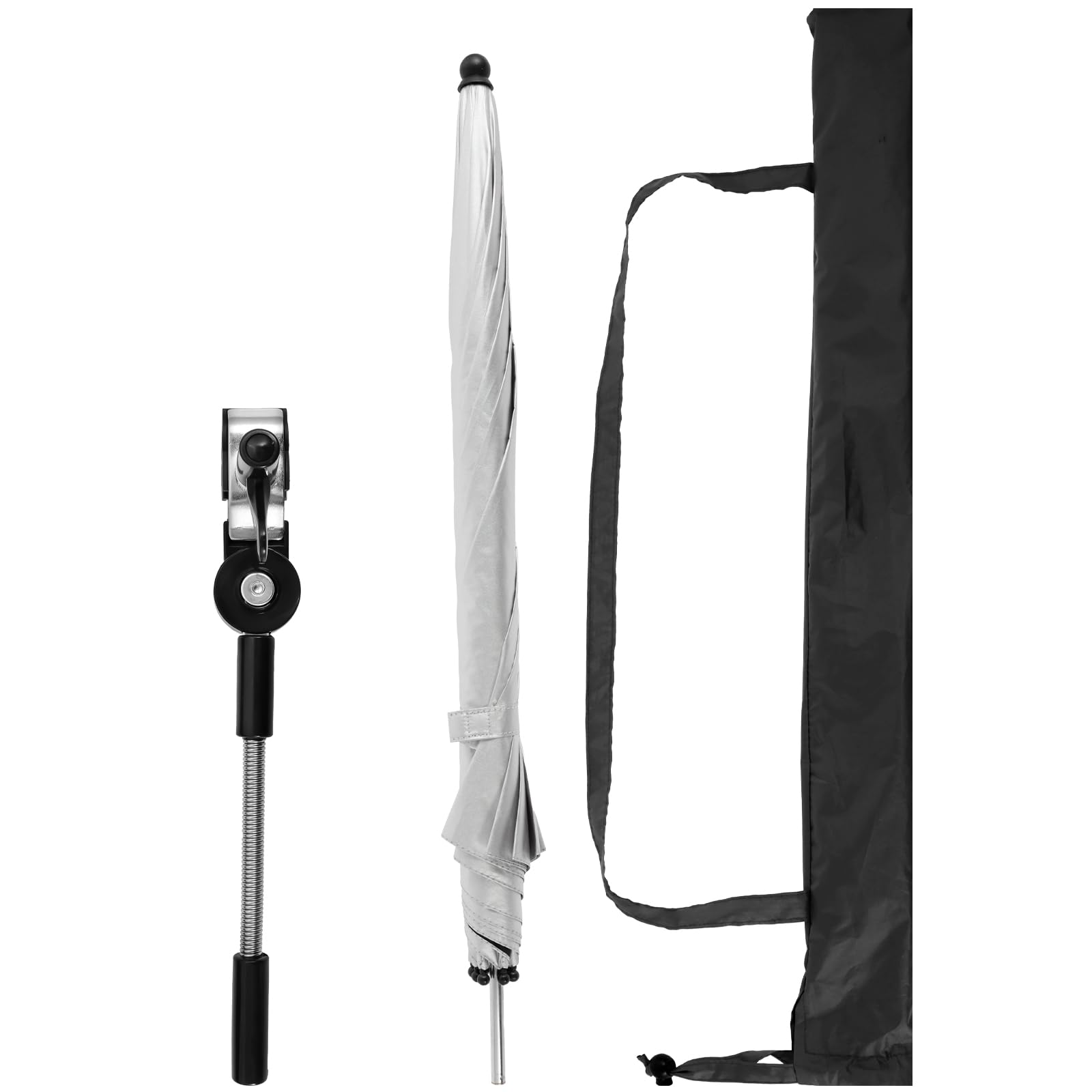 Beach Umbrella with Universal Clamp, 360° Adjustable Tilt Sun Umbrella 42 Inch Outdoor Umbrella with Storage Bag,Vented Canopy,Portable Camping Chair Umbrella for Heat Protection, Cooling, Summer, Beach (Silvery)