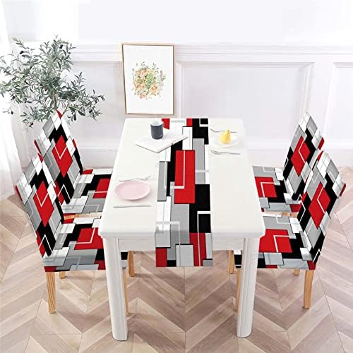 MCALK Geometric Red Chair Covers Set of 4 and Table Runner,Stretch Red Chair Slipcovers for Kitchen,Washable Removable Chair Protector Modern Chair Covers for Dining Room