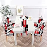 MCALK Geometric Red Chair Covers Set of 4 and Table Runner,Stretch Red Chair Slipcovers for Kitchen,