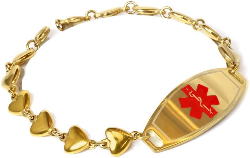 Custom Engraved Medical Bracelet, Gold Toned 316L Stainless Steel Hearts