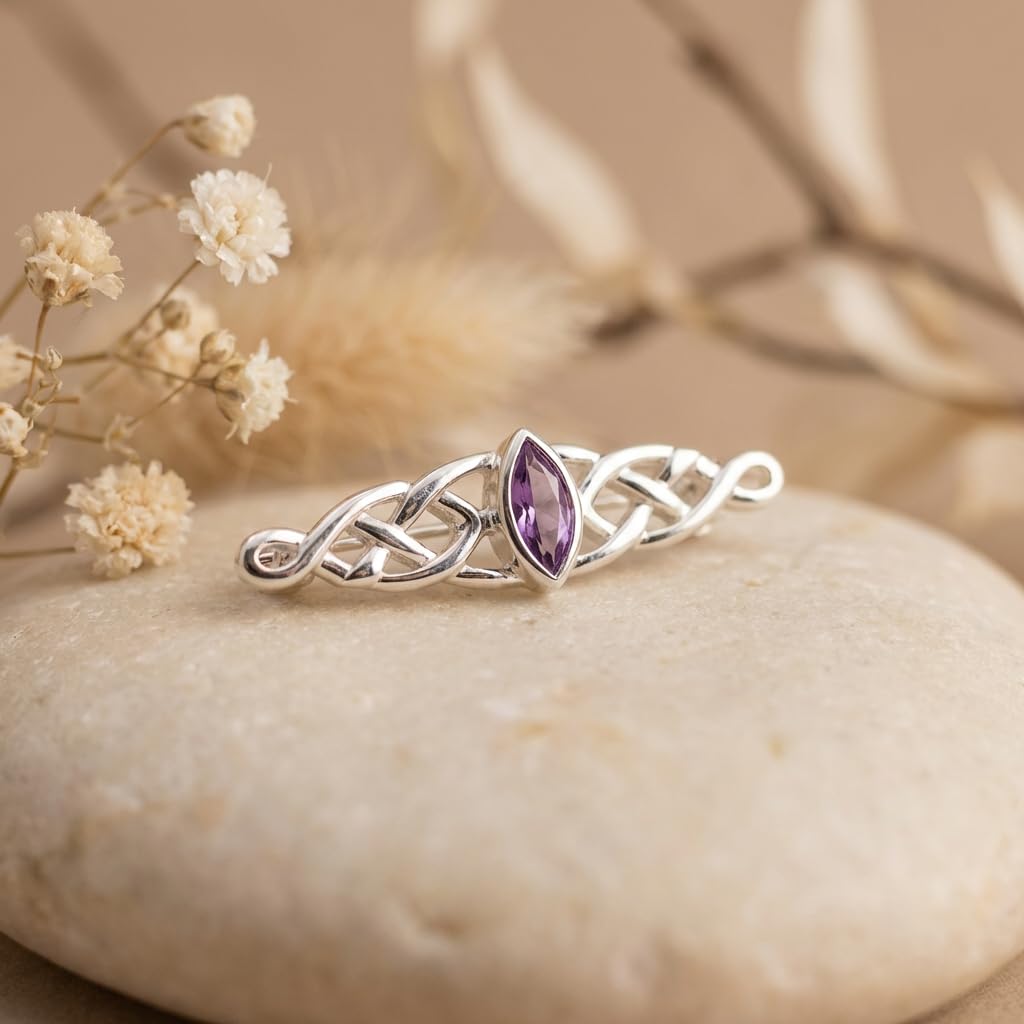 Alexander Castle 925 Sterling Silber Keltische Brosche für Frauen - Damen Brosche Pin mit lila Zirkonia & Schmuck Geschenk Box - 35mm