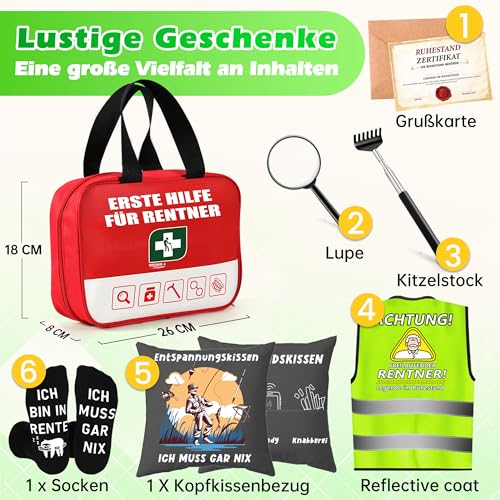 Rentner Geschenk Männer, Renteneintritt Geschenk Set mit Erste Hilfe Tasche, Grußkarte, Lustige Socken, Rentner Zierkissenbezüge, Lustige Ruhestand Geschenke für Männer - Abschiedsgeschenk Kollegen