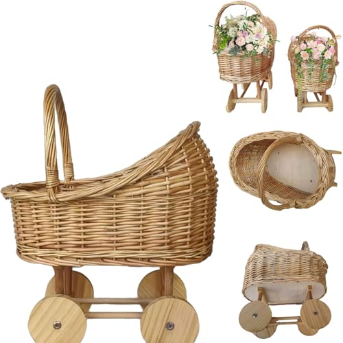 Carrito de mimbre para baby shower, cesta de flores tejida de ratán con forma de cochecito de bebé, decoración rústica tejida a mano, fácil de transportar con asas, estilo único de carrito para