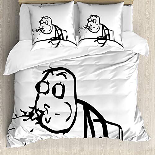 ABAKUHAUS Humour Ensemble de Housse de Couette, Weird Comics Troll Mémé, Décoratif, 3 Pièces avec 2 Taies d'oreiller, 200 cm x 200 cm - 80 x 80 cm, Noir et...