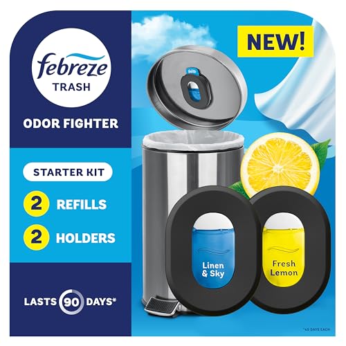 Febreze Trash Odor Fighter, Trash Can Air Freshener, Stick-On Deodorizer for Garbage Cans, Diaper Pails, Works with Scented Trash Bags, Fresh Lemon and Linen & Sky Scents, 2 Holders + 2 Refills