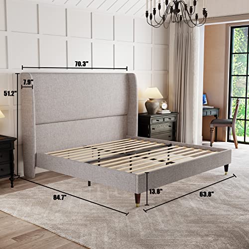 PaPaJet-Queen-Platform-Bed-Frame-512-High-Headboard-Linen-Tall-Upholstered-BedNo-Box-Spring-RequiredWood-Slat-SupportEasy-Assembly-Light-Grey