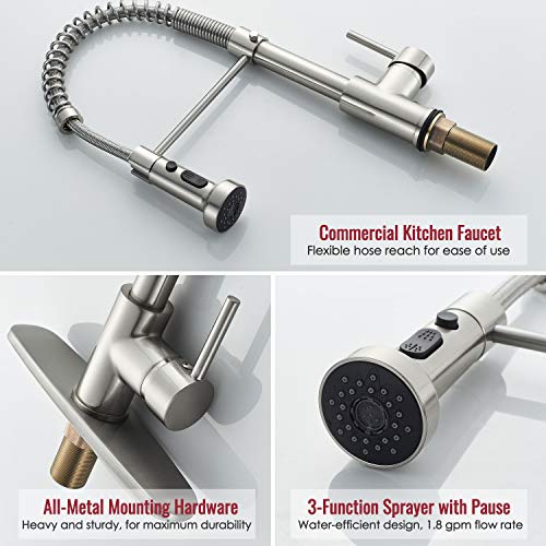 Roddex Kitchen Faucet Stainless Steel Solid Brass Single Handle Single Hole Sink Faucets With Pause Button, 3 Hole Cover Deck Plate Pull Out Pullout Sprayer, Silver & Brushed Nickel … #TOP4