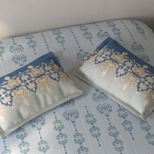Image of Spaces Fiora Ornate Single Bedsheet with 1 Pillow Covers | 100% Cotton Bed Sheet | Percale Bedding Set | Super Soft & Breathable Bedsheet | Light Blue | 152 x 228 Cm