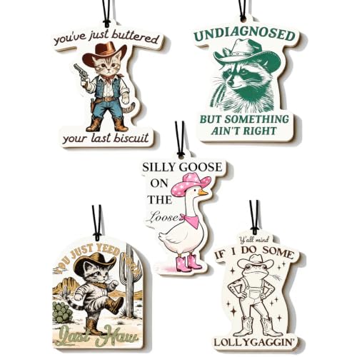 Image of Car Air Freshener 5-Pack, Funny Western Animal Hanging Car Scents | 5 funny Western animal designs with jasmine, hyacinth, freesia, sea and bluebell scents for rearview mirrors