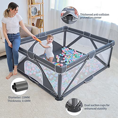 Image of Yobear Foldable Baby Playpen (59 inchx59 inch) - Portable Play Yard for Babies and Toddlers with 50 Ocean Balls, 2 Pull Handles & Carry Bag - Easy Setup Safe Indoor Outdoor Kids Activity Center (Dark Grey)