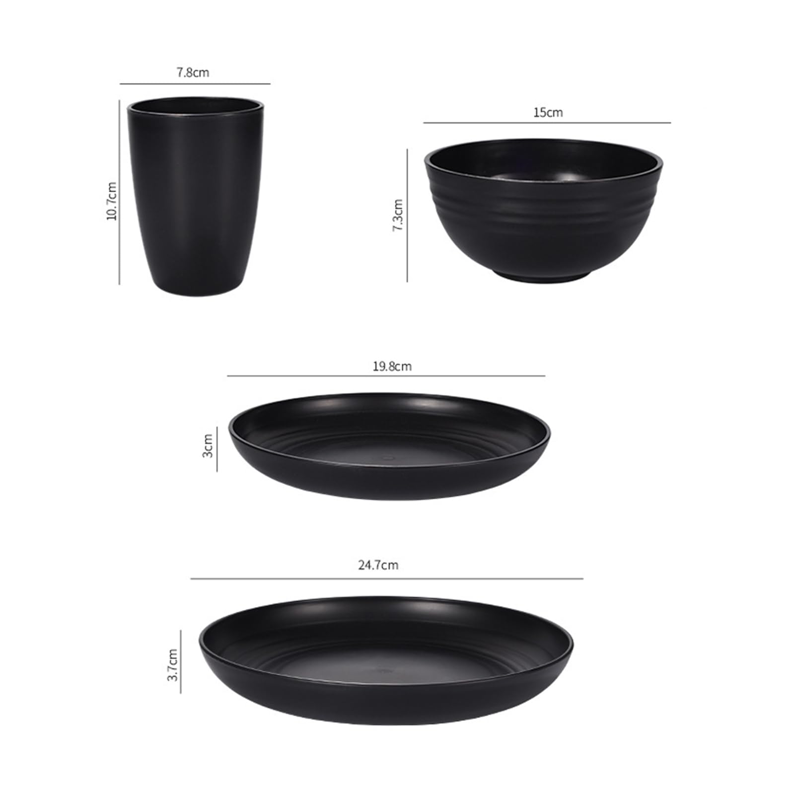 32-teiliges Essgeschirr-Set aus Kunststoff für 8 Personen, unzerbrechliche Speiseteller, Dessertteller, Müslischalen, Tassen, für Familienfeiern, Camping, Alltag, spülmaschinenfest, Schwarz