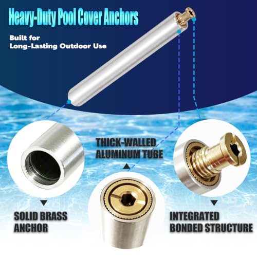 Image of 10 Pack 18 inch Pool Cover Anchors, 18 inch Heavy Duty Aluminum Tube with Brass Anchors, Suitable for Loose Ground or Paved Surface Installation, Fit for Pool Safety Cover Fixation, Extra-Long Lawn Pipe Set