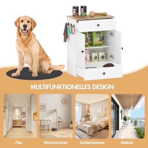 Haustier-Futterschrank mit Lagerschrank, Futterschrank Hund mit 2 Edelstahlnäpfen & 3 Haken, Hundefutterstation mit Schubladen & Verstellbarer Ablage, Hundebar für Hunde, 61x35,5x82,5cm (Weiß)