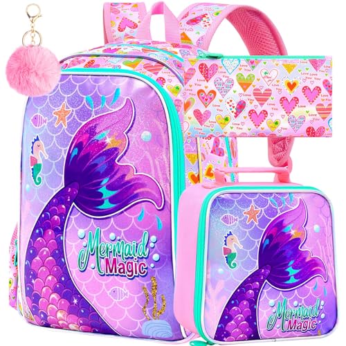 Image of 3Pcs Mermaid Backpack for Girls, 16 inch Kids Bookbag Set with Lunch Box，School Backpacks for Elementary Preschool Kindergarten (Pink)