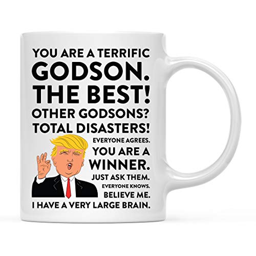 Andaz Press Funny President Donald Trump 11oz. Coffee Mug Gift, Terrific Godson, 1-Pack, Hot Chocolate Christmas Birthday Drinking Cup Republican Political Satire for Family in Laws
