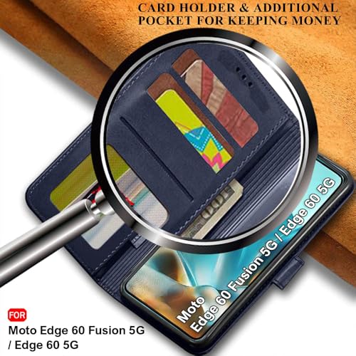 Image of TheGiftKart Flip Cover Back Case for Motorola Moto Edge 60 Fusion 5G / Moto Edge 60 5G | Genuine Leather Finish | Designer Button | Inbuilt Pockets & Stand | Flip Back Cover Case (Faux Leather, Blue)