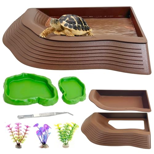 Apatal Reptile Bathing Pool 2-in-1 Tortoise Water Dish with Ramp Turtle Feeding Bowl with Steps Plastic Reptile Food & Water Dishes 7 Pcs Gecko Habitat Decoration Accessories Lizard Bath Tub