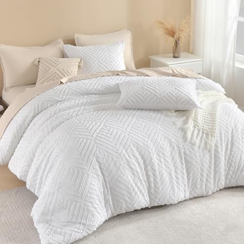 Image of Litanika Oversized Queen Comforter White, 3 Pieces Tufted Boho Farmhouse Bedding Comforter Set, Lightweight Fluffy All Season Comforter Set (98x98In Comforter & 2 Pillowcases)