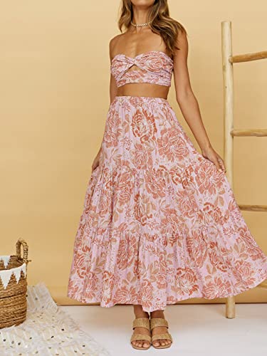 ZESICA Women's 2025 Summer Plaid Flower Elastic High Waist Flowy A Line Maxi Skirt with Pockets2