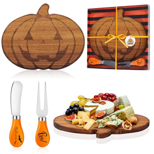 Ziliny Halloween Cheese Board Mini Pumpkin Charcuterie Board Decoration Party Favor with Knife Set Small Cutting Serving Tray and Platter for Halloween Party Gift
