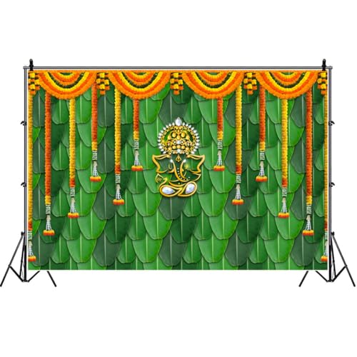 Image of Pooja Backdrop Decoration Cloth Items Indian Ganpati Puja Traditional Chatiya Ganesh Mehndi Photography Background Festival Wedding Party Marigold Garlands Photo Booth Props Banner 6x4ft