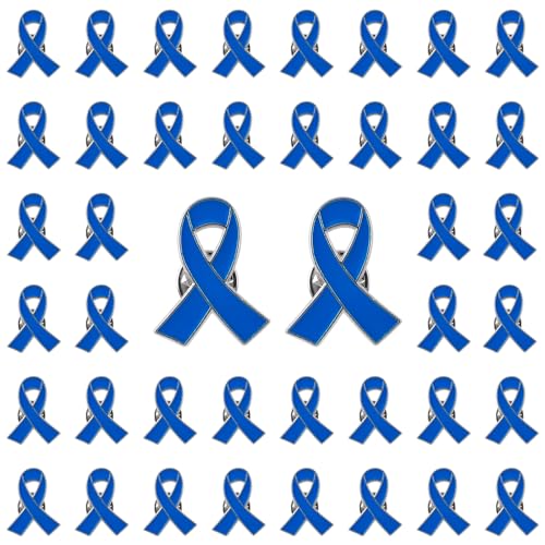 WANDIC Blue Ribbon Pin, 50 Pcs Colon Cancer Awareness Ribbons Lapel Pins Hope Brooch Enamel Jewelry Pins for Man or Women