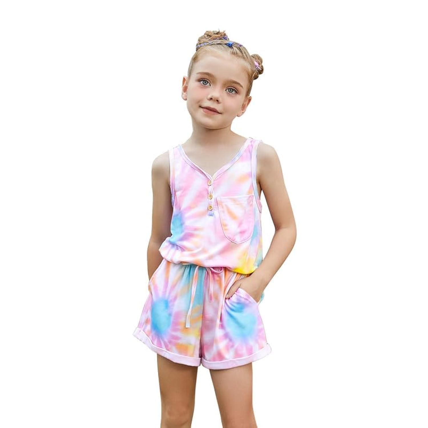 Mirawise Girls Romper Sleeveless Jumpsuit Button Kids Summer Clothes Casual Outfits V Neck Tie Front Shorts with Pocket 4-13Y
