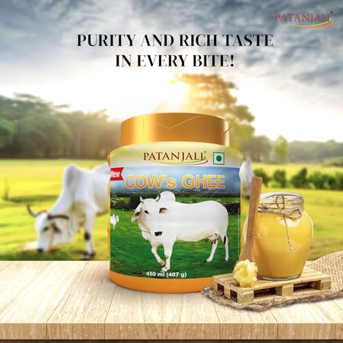Image of Patanjali Cow Ghee Jar 450ml - Pure Danedar Rich Aroma Gau Ghrita Cow Milk Ghee | Suitable for Cooking Sweets & Daily Use | No Additives (Pack of 3)