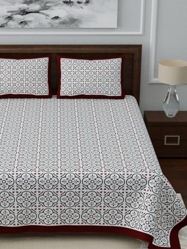 Image of LIVING ROOTS Jaipuri Hand Block Print King Cotton Bedsheet 86 * 104 inches (7 * 8.5 feet) with 2 Pillow Cover | 210 TC | Rich Fast Colour with No Colour Bleeding | (034-A)