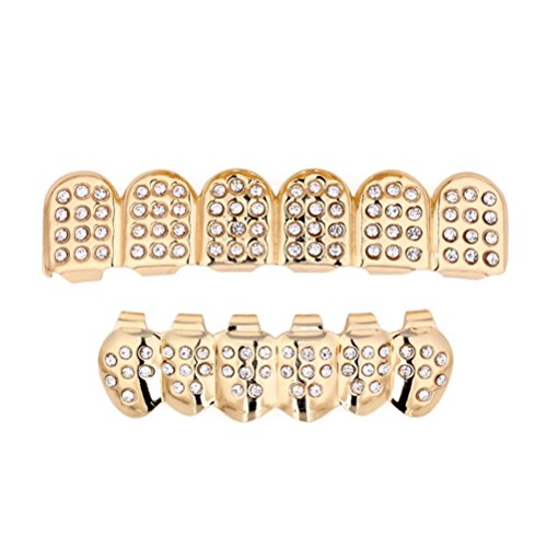 Iusun 1 Set Gold Plated Hip Hop Teeth Grillz Top & Bottom Grill Teeth Grills Props (Gold 2)