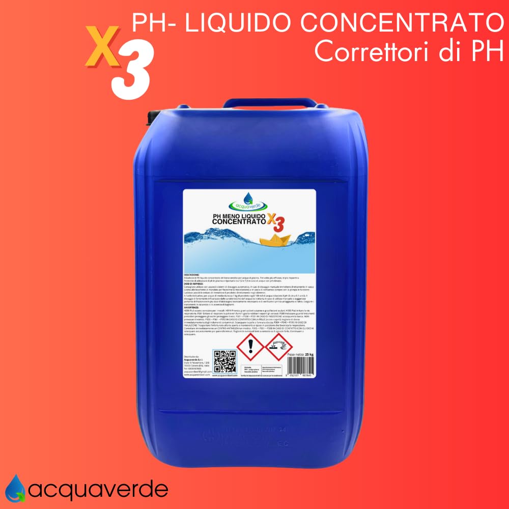 acquaverde | Ph Meno liquido CONCENTRATO X3, Regolatore e Abbattitore di pH TRIPLA POTENZA per Manutenzione Acqua di Piscina, Ideale anche per Dosatori Automatici - Tanica da 25 kg