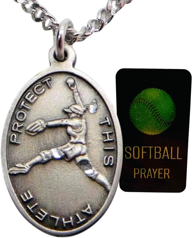 Westmon Works Softball Pewter Medal Ladies Necklace Set with Stainless Steel Chain with St Sebastian Boxed Prayer Card Saint Expressions Premium Jewelry for Athletes