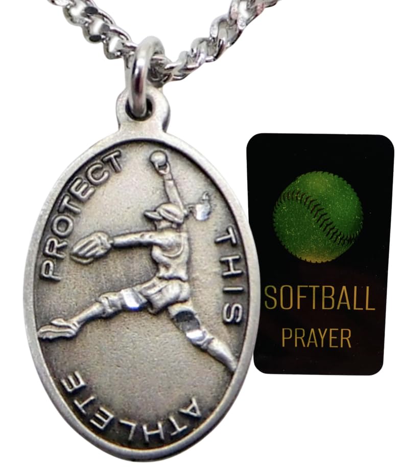 Westmon Works Softball Pewter Medal Ladies Necklace Set with Stainless Steel Chain with St Sebastian Boxed Prayer Card Saint Expressions Premium