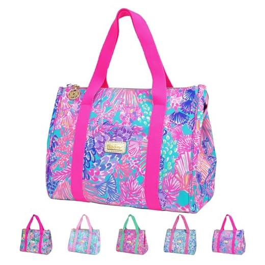 Lilly Pulitzer Cute Lunch Bag for Women, Large Capacity Insulated Tote Bag, Pink/Blue Mini Cooler with Storage Pocket and Shoulder Straps, Splendor in the Sand