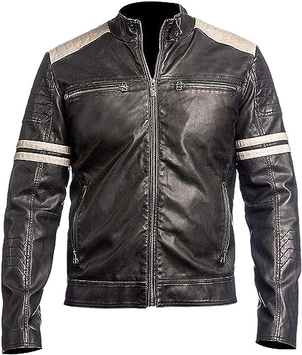 HIDE & SEEK Men’s Retro Distressed Vintage Cafe Racer Motorcycle Biker Style with Stripes Genuine Leather Jacket