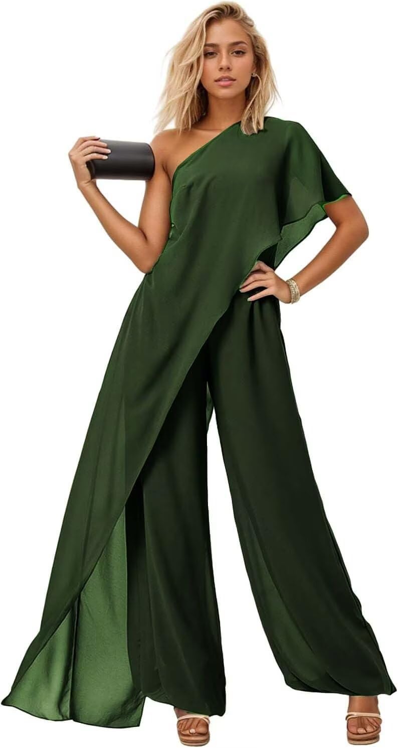One Shoulder Mother of The Bride Pant Suits Jumpsuit Dressy Chiffon Ruffles Wedding Guest Formal Party Outfits