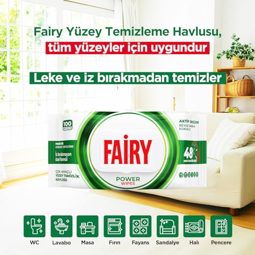 Fairy Çok Amaçlı Yüzey Temizlik Havlusu 100 Yaprak | Beyaz Sabun | Beyaz Sirke & Karbonat | 48 Saat Temizlik Etkili | İz Bırakmayan Formül