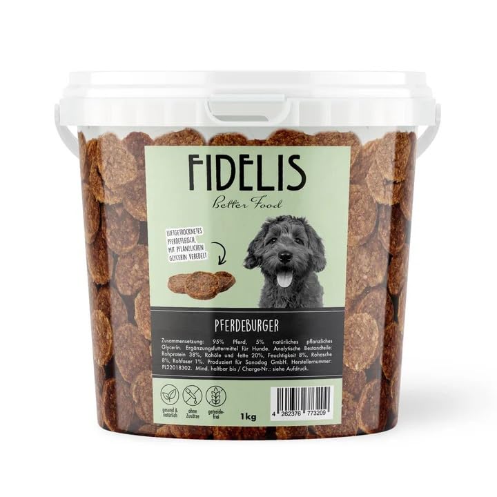 Fidelis – Pferdeburger für Hunde im wiederverschließbarem 1kg-Eimer - Luftgetrocknete Hunde Leckerlis aus 100% natürlichen Rohstoffen
