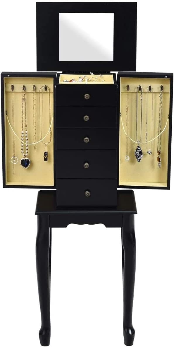 LDAILY LUARANE Jewelry Cabinet Armoire, Jewelry Storage Chest Organizer with 4 Drawers 8 Necklace Hooks Flip Top Mirror, Free Standing Jewelry Box Stand with 2 Side Swing Doors (Black)