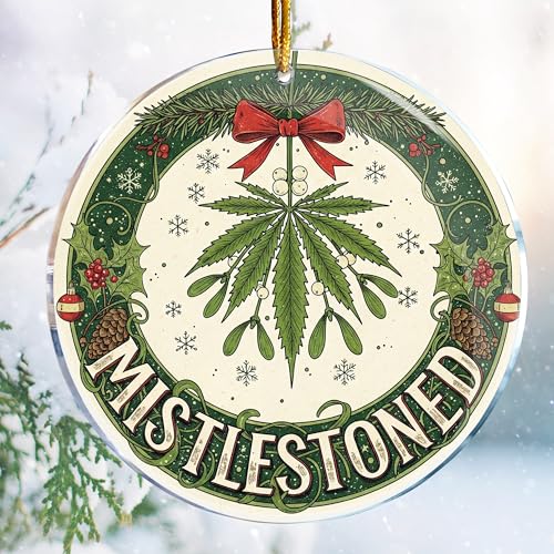 Mistlestoned 3 - Hilarious Adult Naughty Funny Weed Cannabis Leaf Smoking Friends - Christmas Ornaments - Christmas Decorations - 3.6 in Acrylic - Funny Gag Gifts - White Elephant - Stocking Stuffers