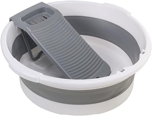 こすり洗いのたらい洗い桶 折り畳み 洗いかご たためる 洗い桶 洗濯板 容器付き プラスチック製品 折りたたみバケツ 多機能 持ち運びが簡単 洗濯 収納便利 (グレー)