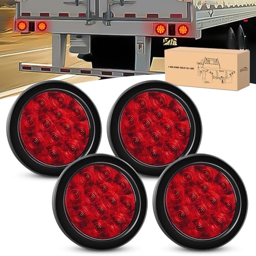 GOOACC 4Inch Round Trailer Tail Light 4PCS 12LED Red Stop Brake Turn Signals Lights w/Surface Mount Grommets Plugs IP67 Waterproof for Truck RV Tractor